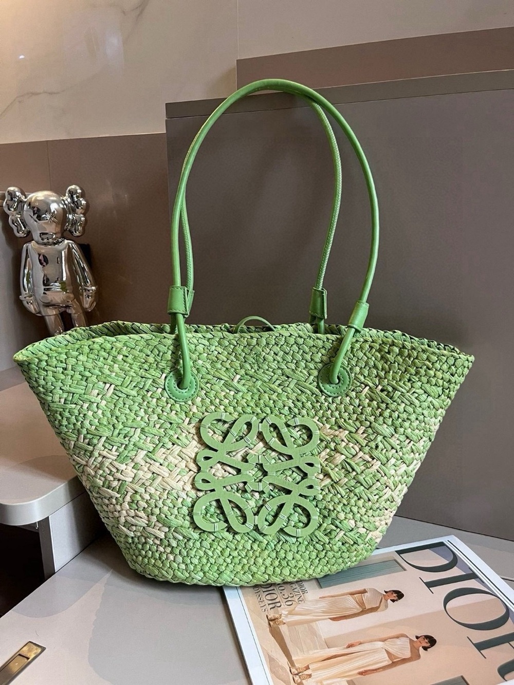 Loewe Lime Green Woven Anagram Tote - Picture 4 of 8